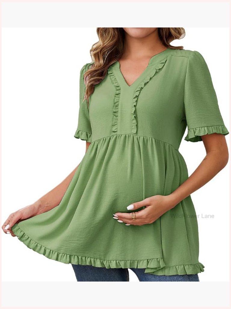 Maternity Boho Blouse Ruffle V Neck Short Sleeve Flowy Casual Tops